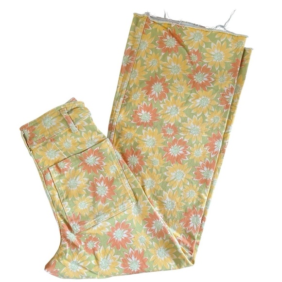 Zara Marine Straight High Waisted Yellow Sun Flower Denim Jean Sz 4 Ragged Hem - Picture 3 of 10